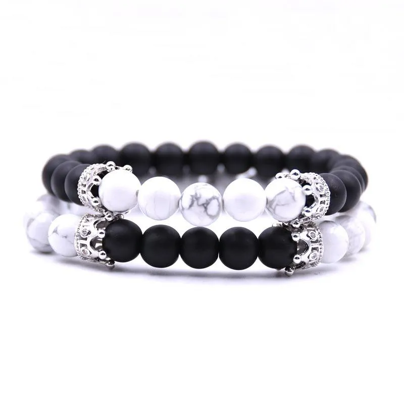 8mm negro mate ágata blanca howlita piedra corona rey cuentas para él y para ella pareja amante pulsera joyería