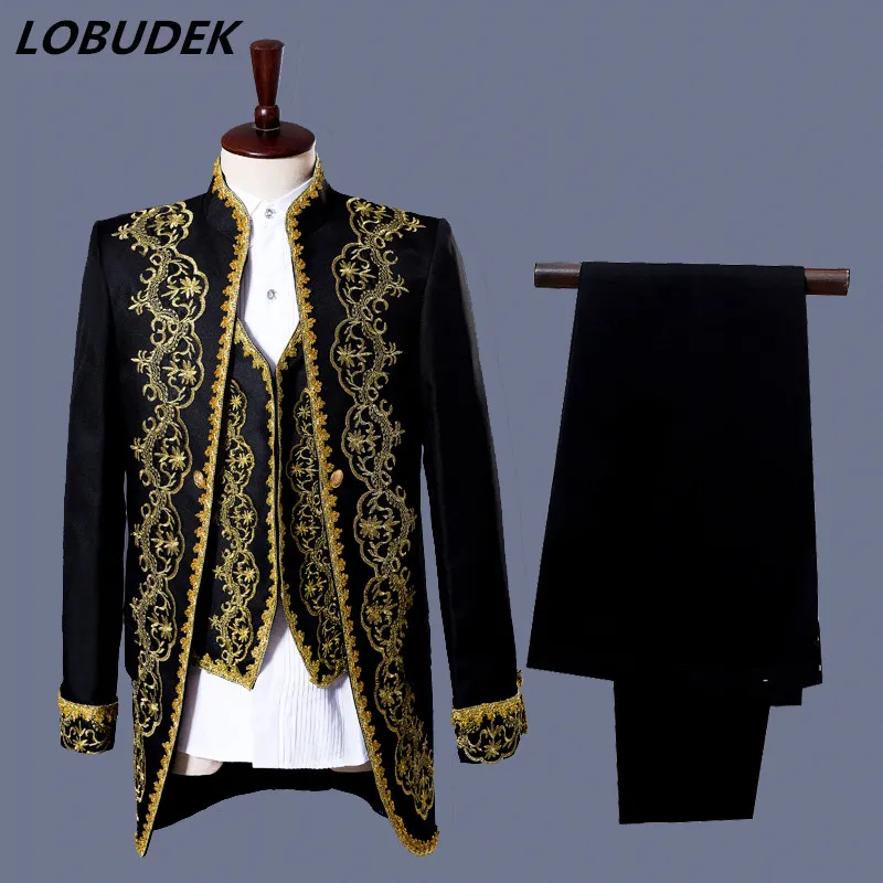 Retro Mens Suits Embroidery Blazer Set Vintage Three Piece