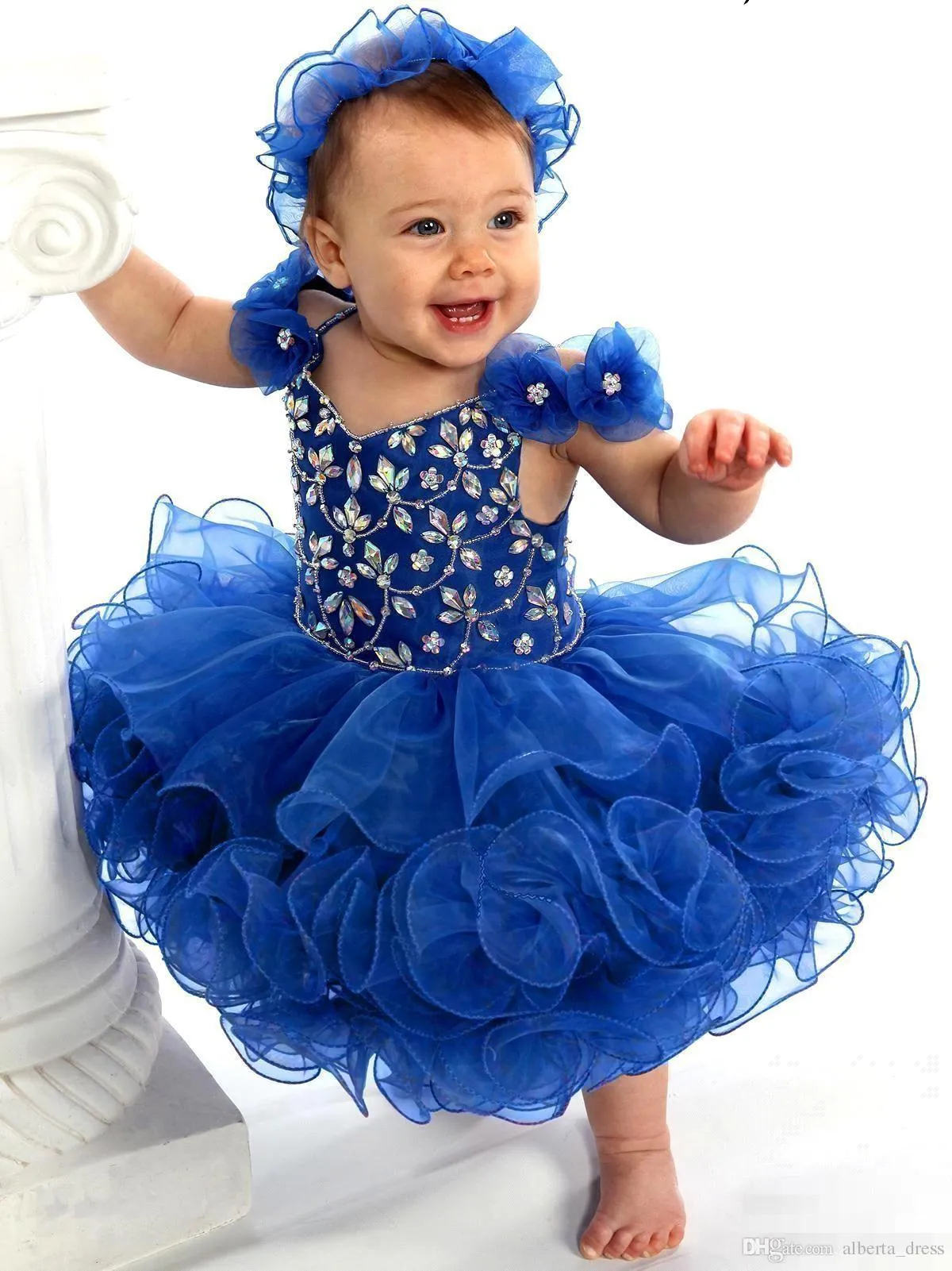 Cute Royal Blue Baby Infant Cupcake Dziewczyny Toddler Korowody Suknie Dla Małe Dziewczynki Kryształowe Paski Dzieci Urodzinowe Suknie