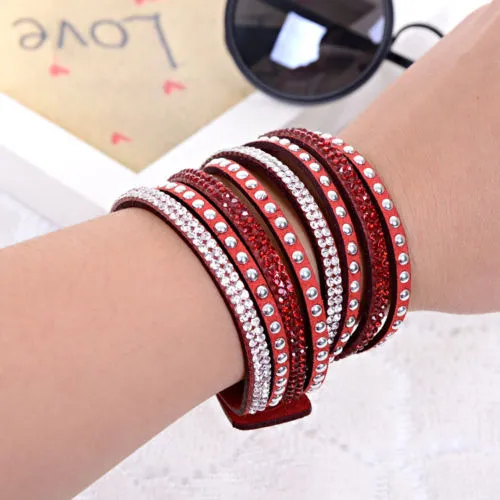 Kvinnor Crystal Rhinestone Slake Deluxe Läder Wrap Armband Cuff Punk Armband Bangles Fit Party Bästa present 15 färger