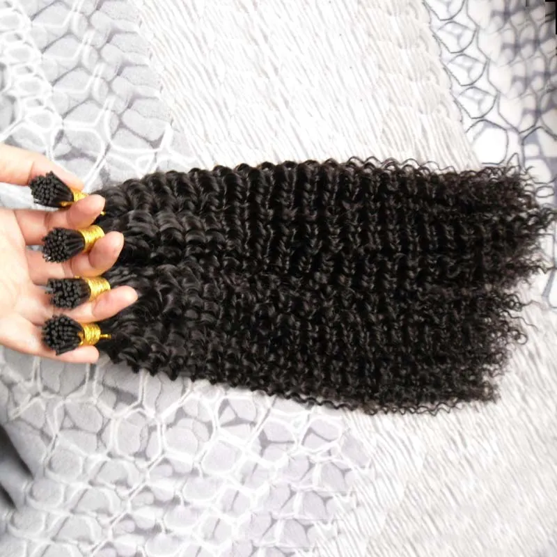 Malaysisches lockiges Haar, I-Tip, vorgebundene Haarverlängerungen, verworrenes lockiges, nicht remy, vorgebundenes 200 g/Strähnen, natürliches schwarzes, unverarbeitetes Echthaar