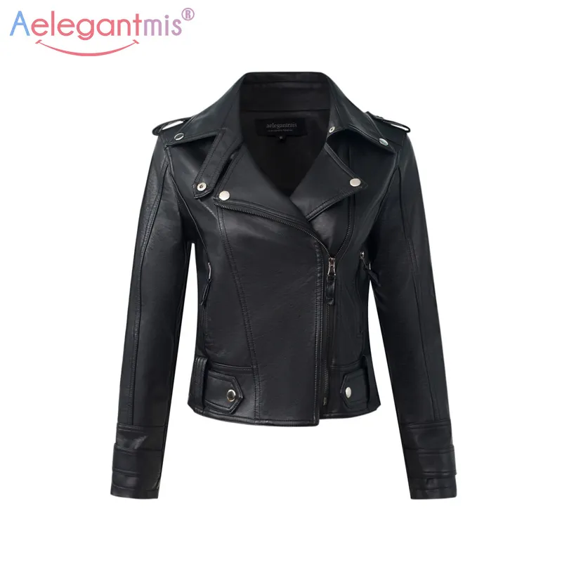 Aelegantmis Moda PU Giacca in pelle Donna Slim Giubbotti moto corti Cappotto in pelle morbida Lady Autunno Inverno Capispalla basic S18101204