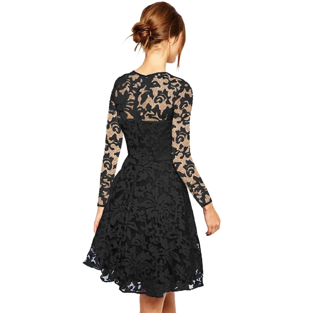 Hot Sale Women Lace Dress Spring Vintage O Neck Slim Sexig Pin Up Rockabilly Vestidos Party Black Office Work Robe Femme