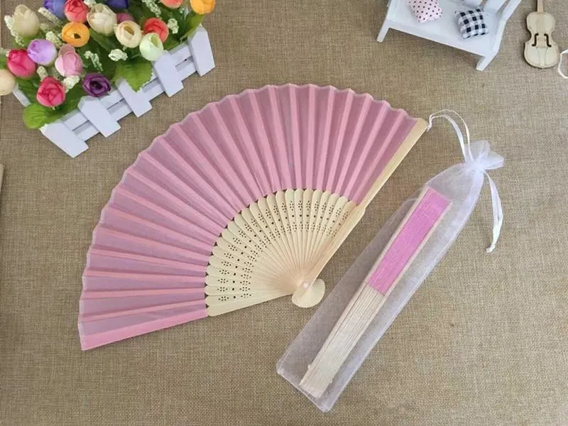 Free shipping Wholesale 50pcs/lot White Elegant Folding Silk Hand Fan with Organza Gift bag Wedding & Party Favors Gift