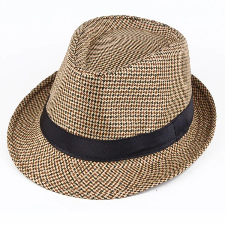 Unisex Wool Houndstooth Felt Fedora Hat With Bands Classic Plaid Jazz Top Caps Panama Bowler Brim Caps For Gentleman