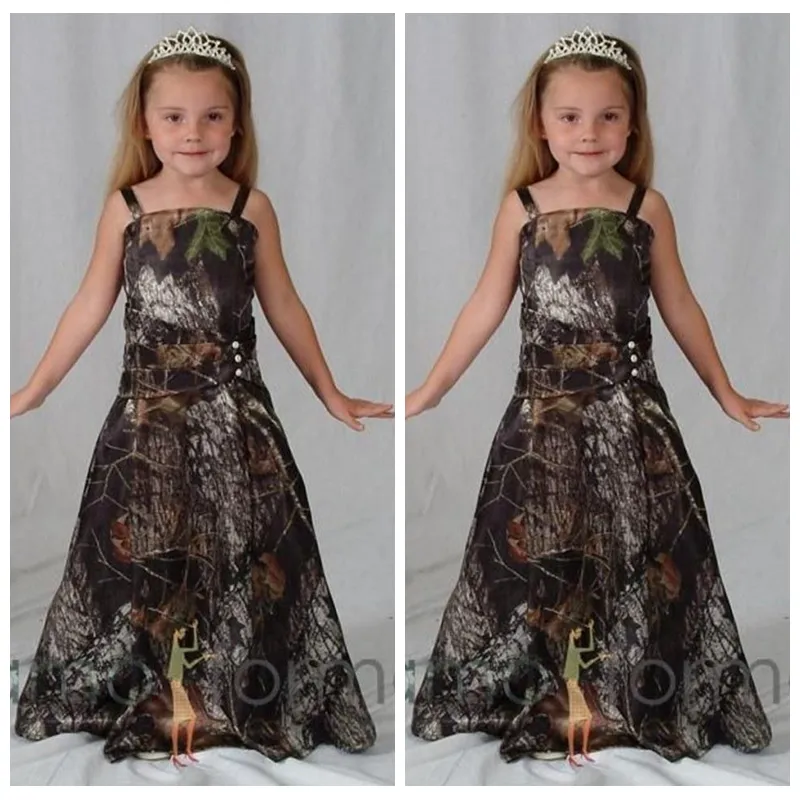Camo completo largo Línea A vestidos de flores para niña personalizado 2023 camuflaje barato árbol Real Camo niños niñas vestidos de fiesta lado del campo