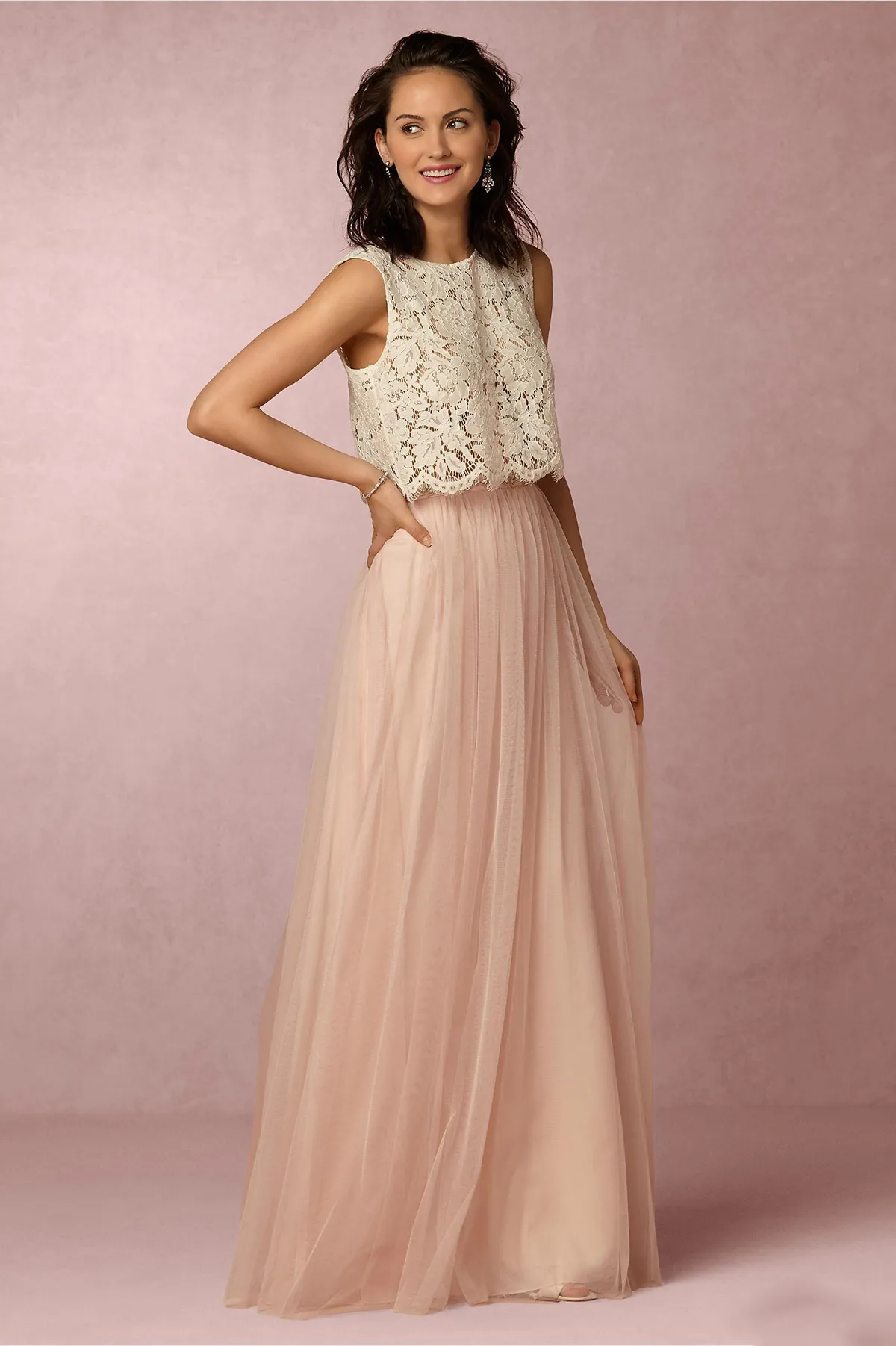 2020 Blush Pink due pezzi abiti da sposa Tulle molle pizzo Figura intera vestiti lunghi promenade di sera del partito abiti