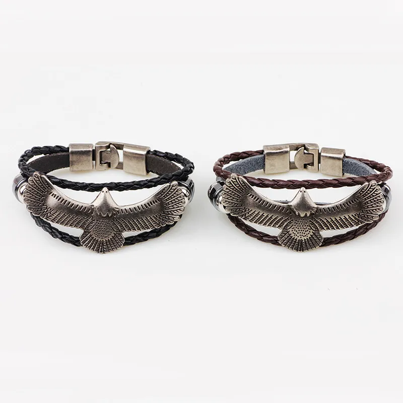 Pulseiras De Couro artesanal Homens De Metal Voando águia Frisado Charme Pulseira Liga Jóias Artesanais Feitas À Mão Charme Mens Pulseira Corda Marrom Preto