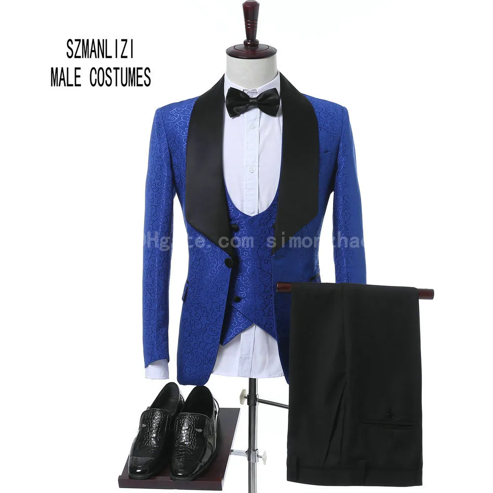 2018 Laatste Jas Pant Design Custom Made Classic Royal Blue Flower Mannen Bruiloft Pakken Beste Man Blazer Bruidegom Pak Tuxedos Prom Party Suits