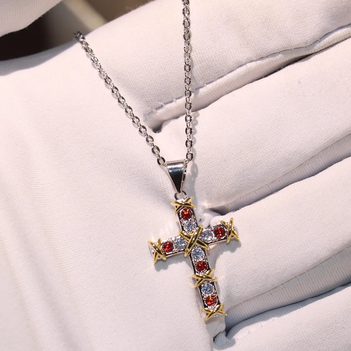 Victoria Wieck Vintage Punk Fashion Jewelry 925 Silver Red Garnet Gemstones CZ Diamond Religion Cross Pendant Chain Necklace For Women Gift