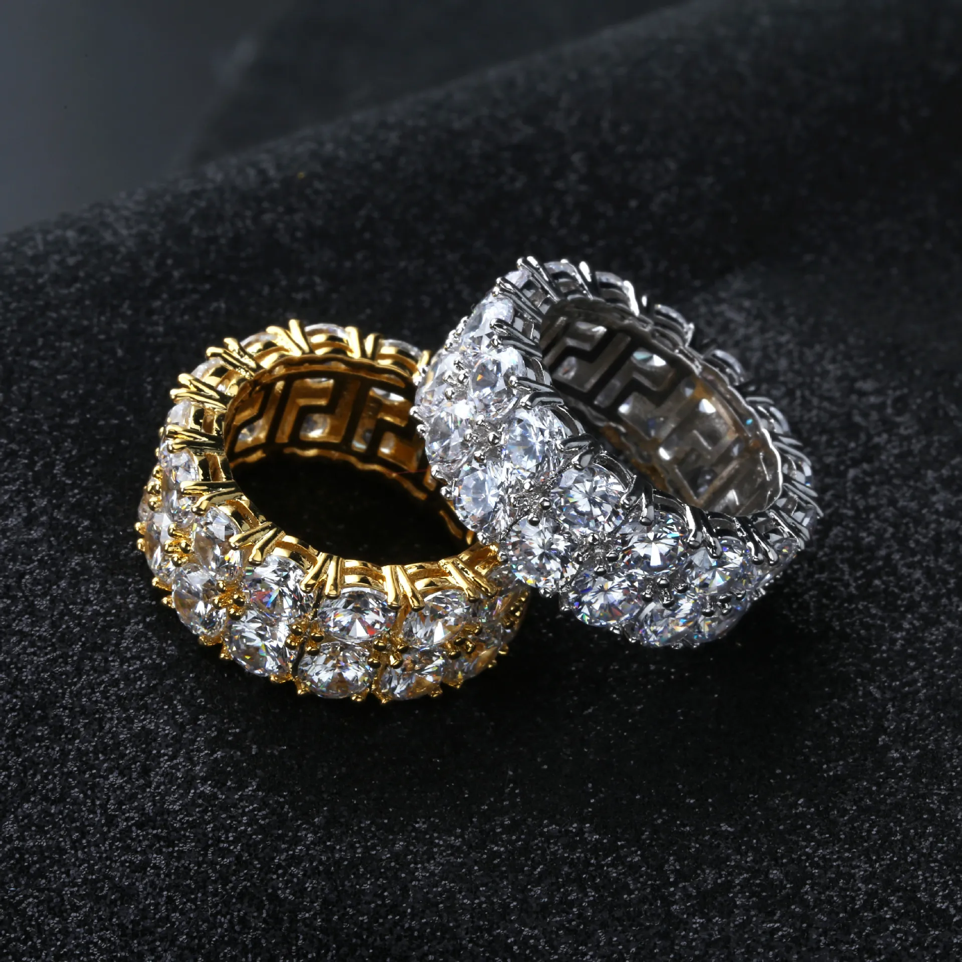 7-12 Gold Silver Color Plated Rings Micro Paved 2 Row Tennis Rings Zircon Hip Hop Finger Ring for Men Women