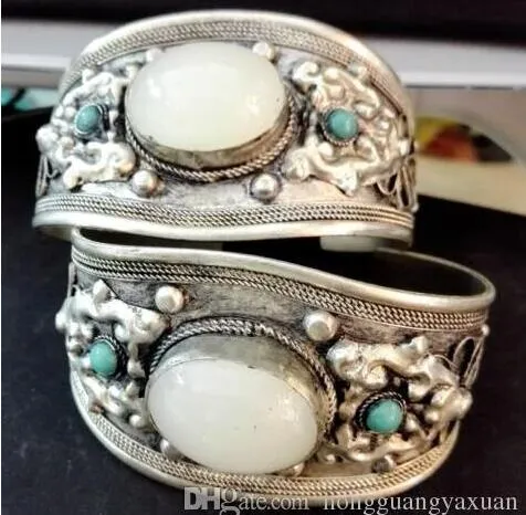 Charm-Armband aus weißem Mondstein, Armreif, Tibet-Silber, geschnitzt, Unisex-Geschenk