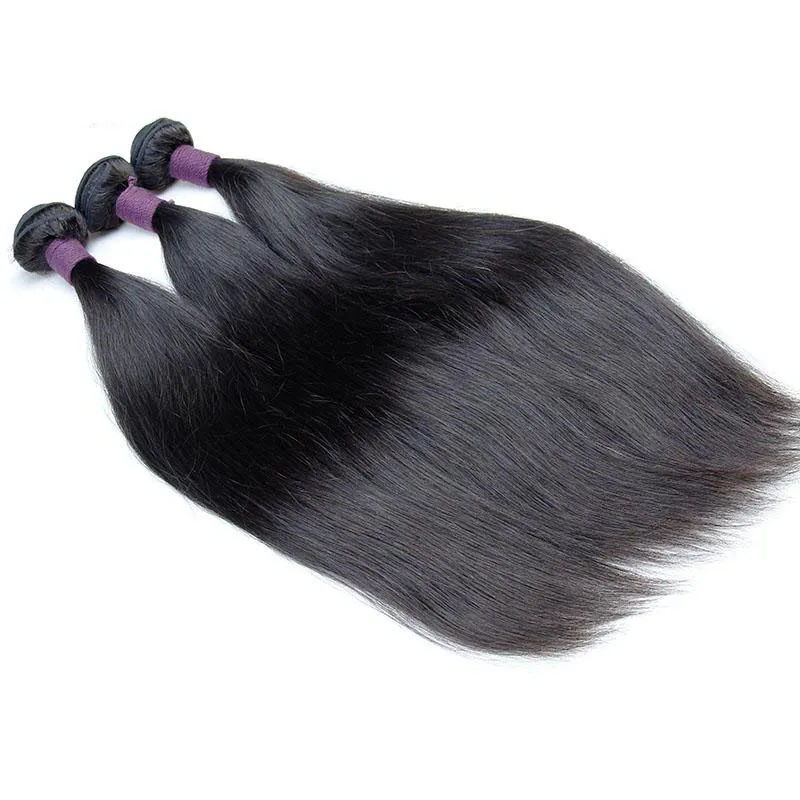 3 buntar silkeslen raka brasilianska jungfruliga hårförlängningar med 1 st topp spetslås 4x4 remy mänskligt hår vävar naturlig färg 10-30 tum