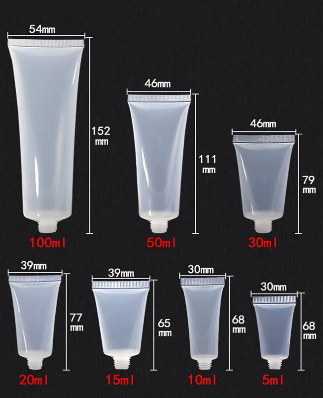 50pcs/lot 5ml 10ml 15ml 20ml 30ml 50ml 100ml Clear Plastic Soft Tube Empty Cosmetic Cream Emulsion Lotion Packaging Containers