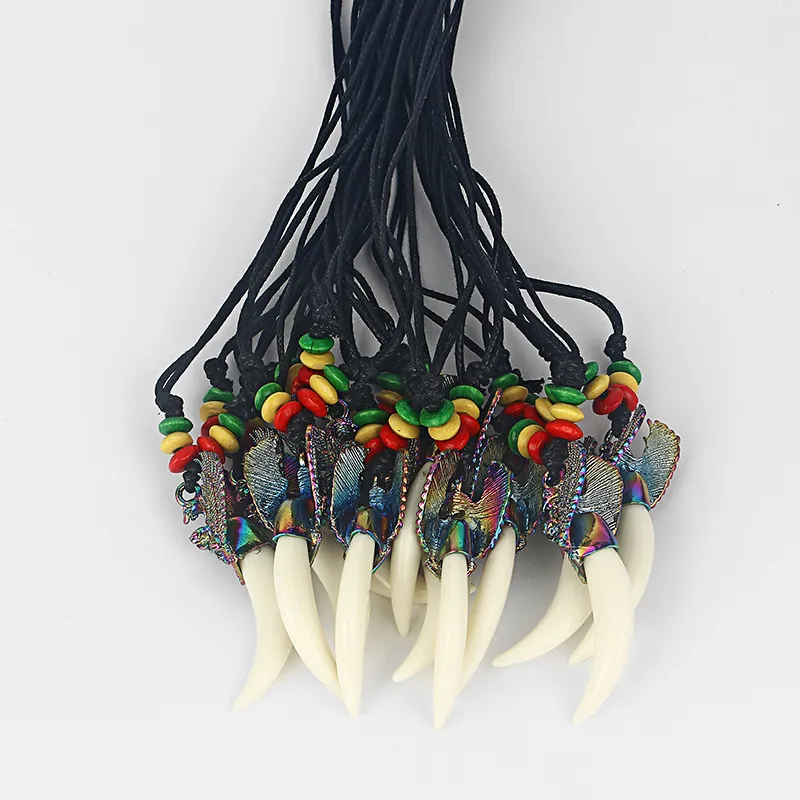 10pcs Fashion Wax Cotton Cord White ResinTooth Teeth Pendant Necklace With Eagle and Rasta Wood Beads Necklace182j