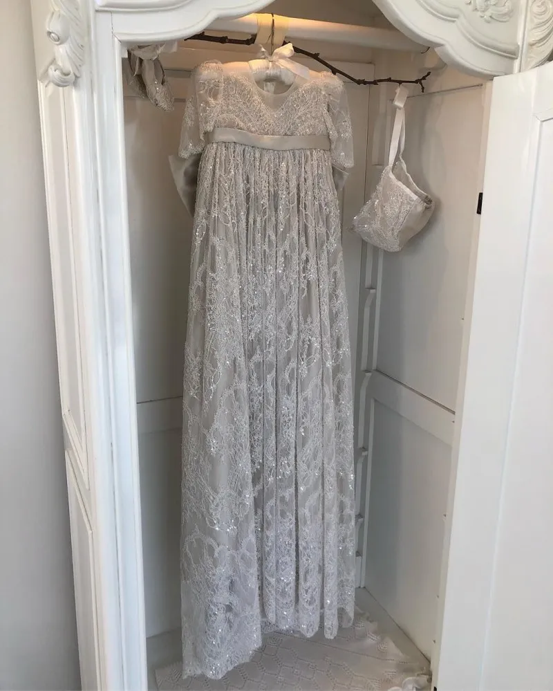 Silver Preserving Christening Gown With Lace Appliques And Big Bow Back