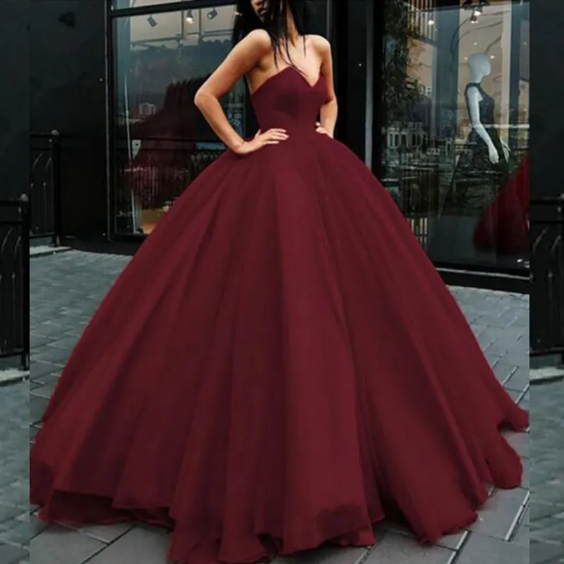 Robe de bal bordeaux robes de bal 2019 jupe gonflée chérie sans manches robe de bal de haute qualité robes de soirée sur mesure