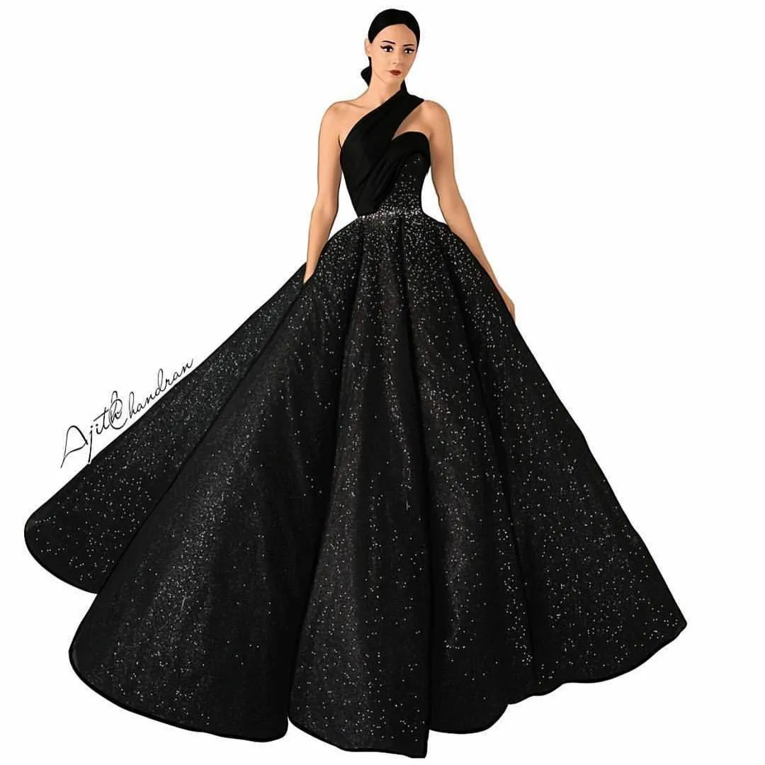 Superbes robes de soirée formelles noires Sexy une épaule sans manches robe de bal robes de bal paillettes scintillantes perles sans manches robes de tapis rouge