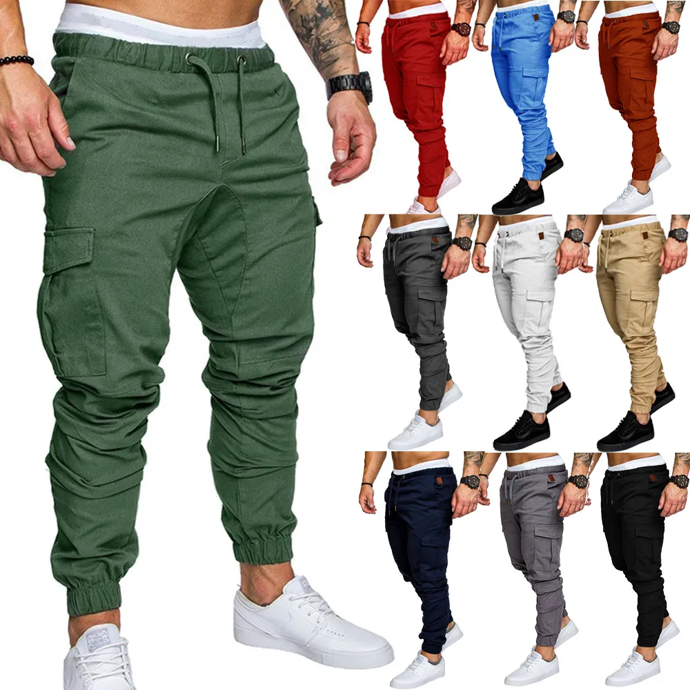 Mens Pleated Cargo Pants 멀티 포켓 슬림 맞는 바지 블랙 육군 조깅 그린 블랙 무료 배송