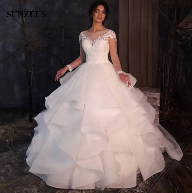Economize muito em Princesa Manga Comprida Bola Vestido De Vestido De  Casamento Ball Gown Wedding Dresses With Organza Ruffles Skirt Illusion  Neck