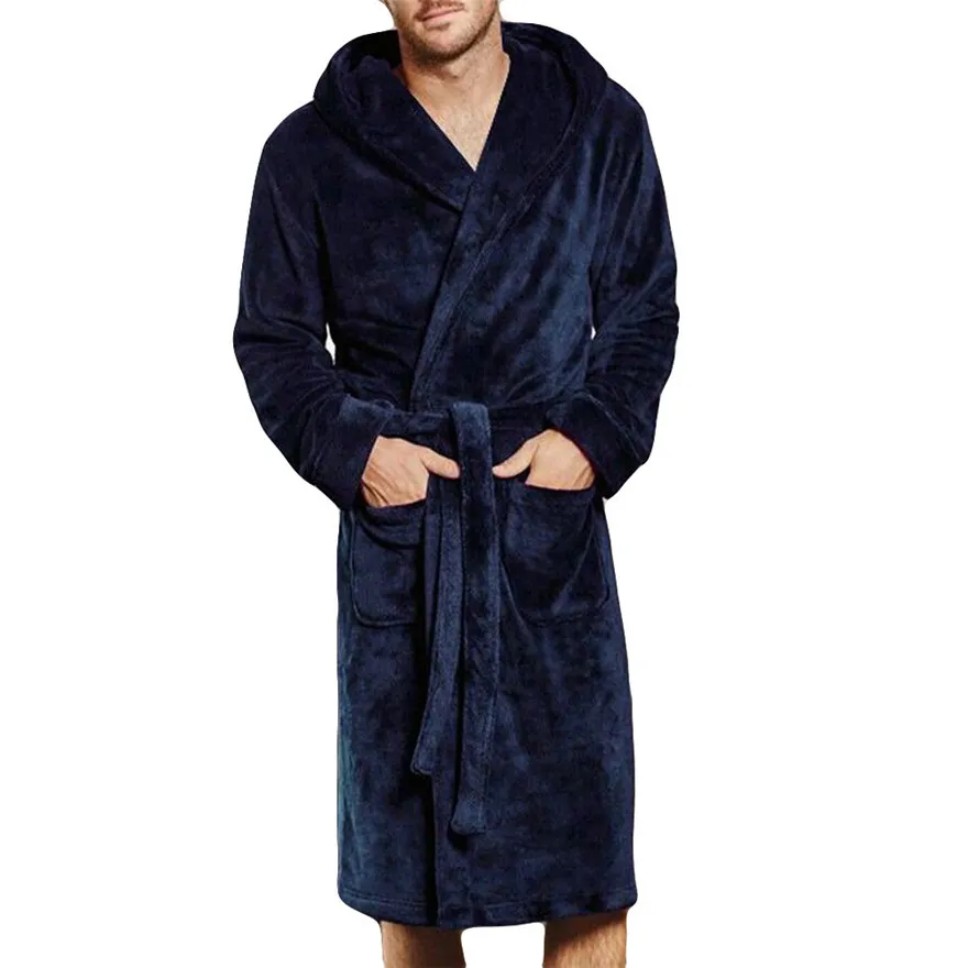 Hommes hiver allongé corallin peluche châle peignoir à manches longues Robe manteau sous-vêtement thermique #1019 487-733