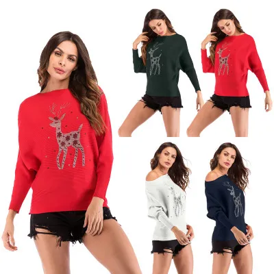 여성 스웨터 패션 Knits 티셔츠 엘크 니트 스웨터 겨울 긴 소매 스웨터 크리스마스 순록색 풀오버 탑 캐주얼 점퍼 YFA633