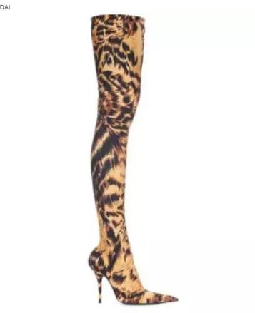2018 botas sexis de leopardo para mujer, botines hasta el muslo, botas hasta la rodilla con tacón fino, zapatos de fiesta para mujer, botines tipo calcetín elásticos vintage