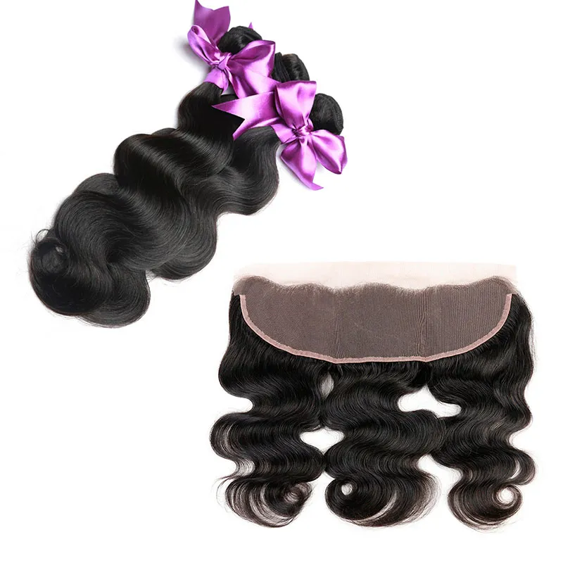 Brazilain 13x4 öra till öra spets frontlås med buntar Brazilain Body Wave Virgin Human Hair Weave Extensions with Lace Frontal