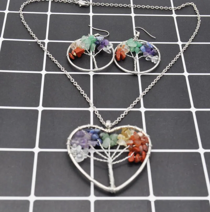 Women Rainbow 7 Chakra Amethyst Tree Of Life Quartz Chips Earrings & Necklace Jewelry Sets Multicolor Wisdom Tree Natural Stone Necklace