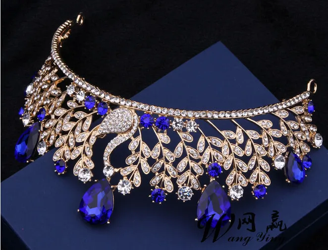 Baroque paon grande couronne cheveux haute qualité rétro coiffes de mariée bleu diamant robe de mariée accessoires accessoires