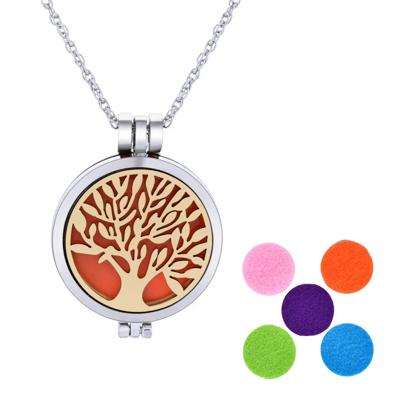 ree of life Collier diffuseur d'huiles essentielles d'aromathérapie avec pendentif médaillon en acier inoxydable 316L avec chaîne de 61 cm et 6 lavables HJ171