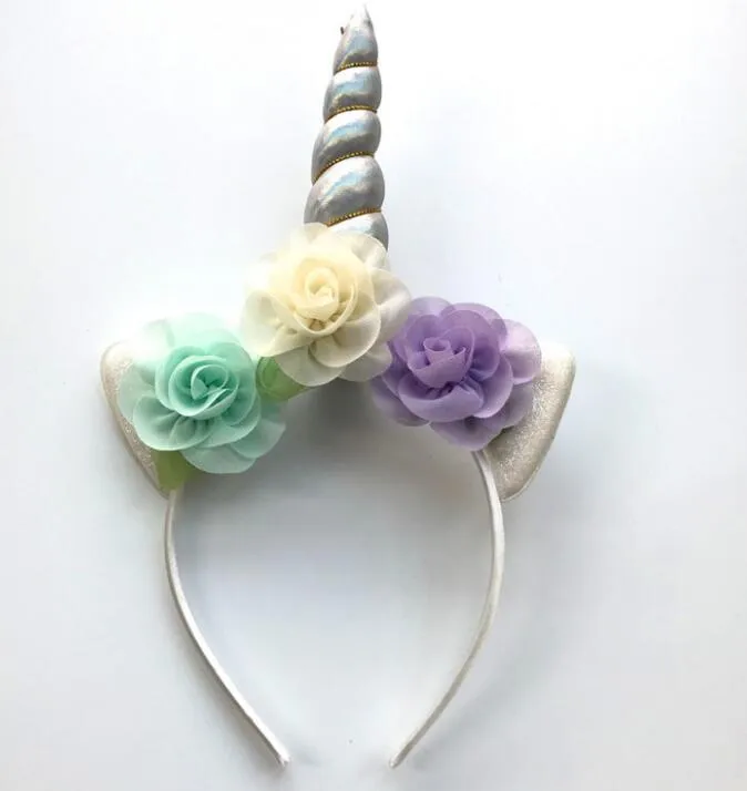 2018 Glitter Metalik Unicorn Kafa Kız Şifon Çiçekler Hairband Çocuklar Için yaprak çiçek Unicorn Boynuz Parti Saç Aksesuarları GA215