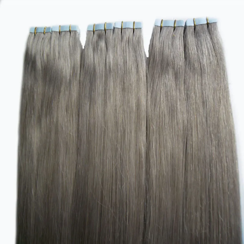 Grijze haarextensies 12 "14" 16 "18" 20 "22" 24 "26" 28 "Huid inslag Haar 300g 120pcs / set tape in zilver menselijke hair extensions