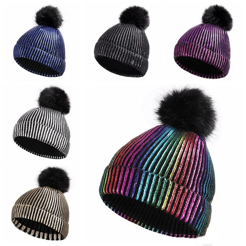 6 Cores de Lantejoulas de Poliéster Stripe Pom Pom Chapéus de Inverno Adulto Crianças Chapéus Gorros Cabido Chapéu De Polo de Luxo Chapéus Tampas Do Crânio Mais Quente