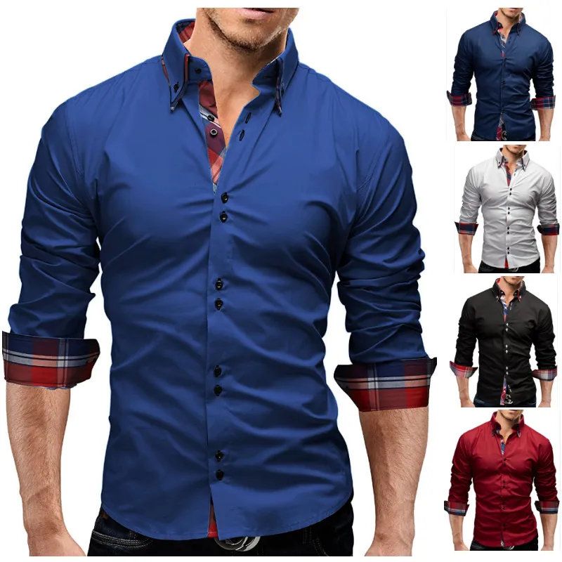 Camicia da uomo alla moda a maniche lunghe Top Camicia da lavoro con doppio colletto Camicie eleganti da uomo Slim Men 3XL