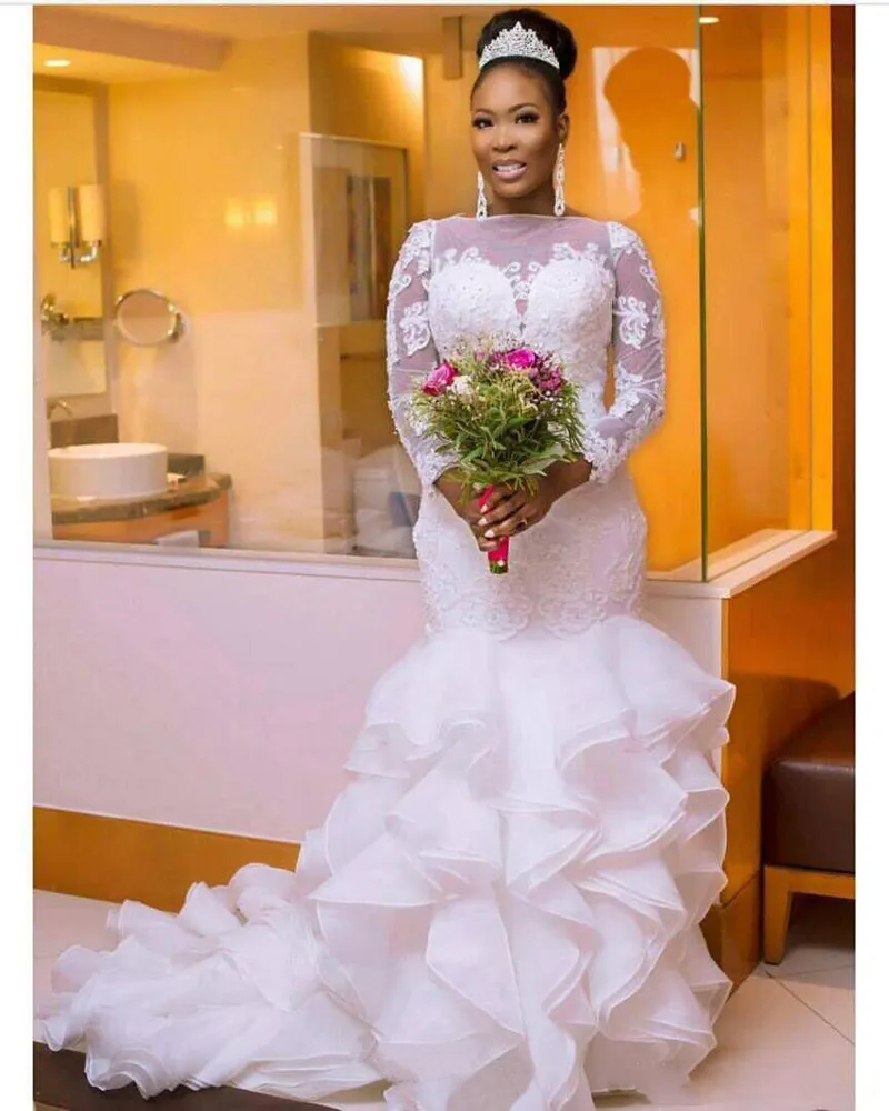 Vestidos de casamento da sereia de renda árabe Vestidos de noiva nigeriano 2018 mangas compridas camadas cambial trem vestidos nupciais frisados ​​organza vestido de novia