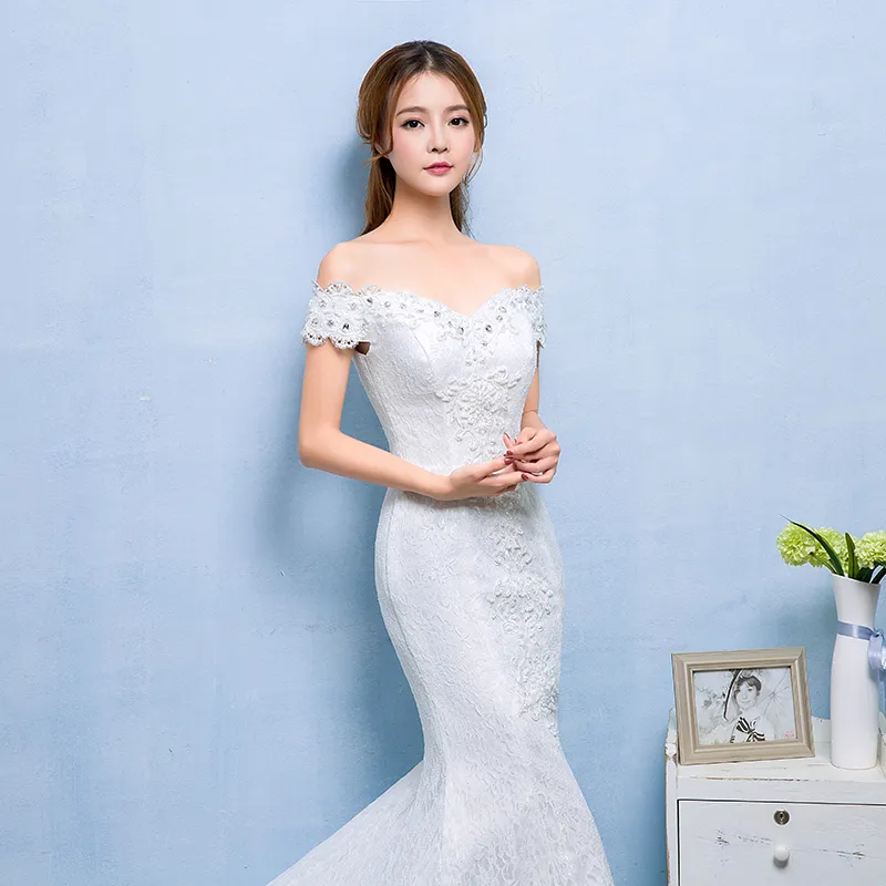 Foto reale sexy abito da sposa treno sirena 2018 nuovo stile coreano Smiple pizzo cristallo Fishtail sposa principessa estidos de noiva