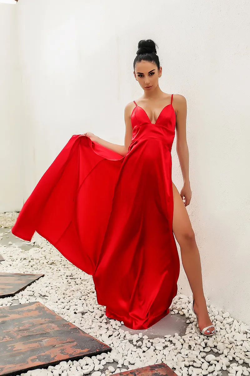 Sommerkleid mit hohem Schlitz, rotes Maxikleid für Damen, solide, sexy, bodenlang, Chistamas-Party, Abschlussball und Abend, Strand, Clubwear, lange Kleider