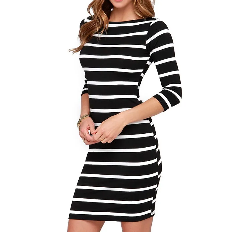 Women's Striped Cotton Bodycon Sheath Striped Dress with Crew Neck and Half Sleeves