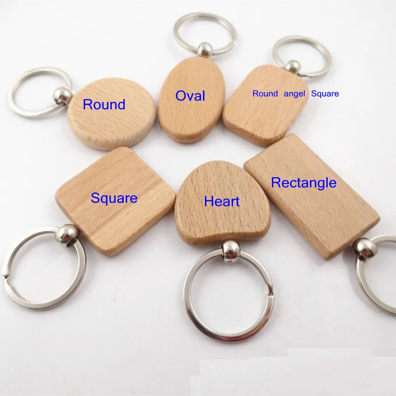 6Designs Tomt Wood Key Chain Rectangle Heart Round Rund Diy Carving Keyring Wood Keychain Taggar gåvor