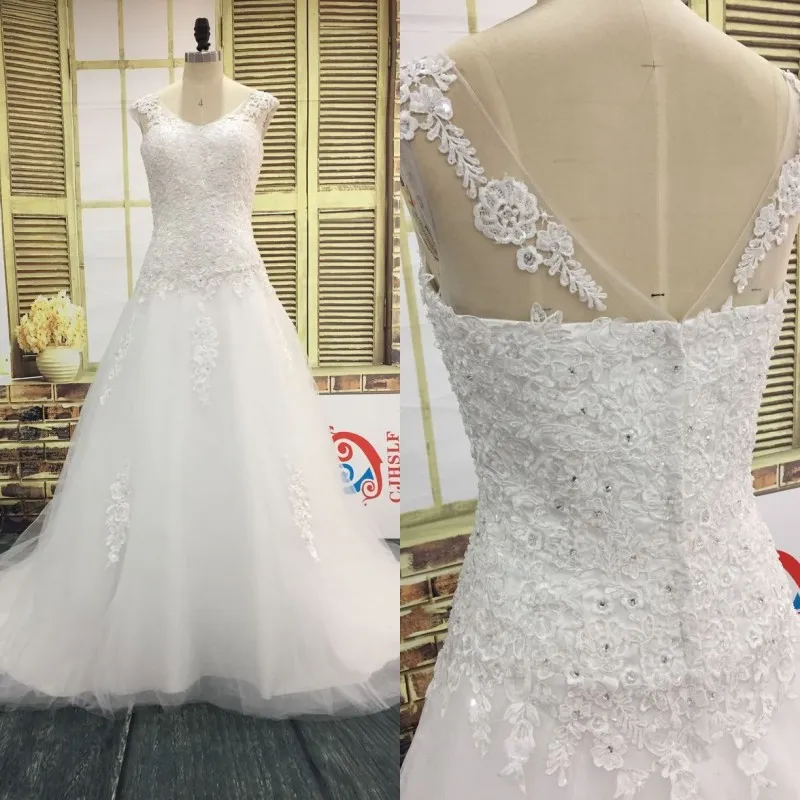 Stunning Wedding Dresses from China V Neck Beaded Lace Appliques Zipper up A-line Tulle Wedding Gown Real Picture High Quality Bridal Dress