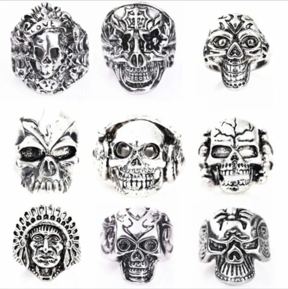 Retro gothic grote schedelring gesneden punk stijl bulk anti-zilveren dame / heren religie verklaring sieraden