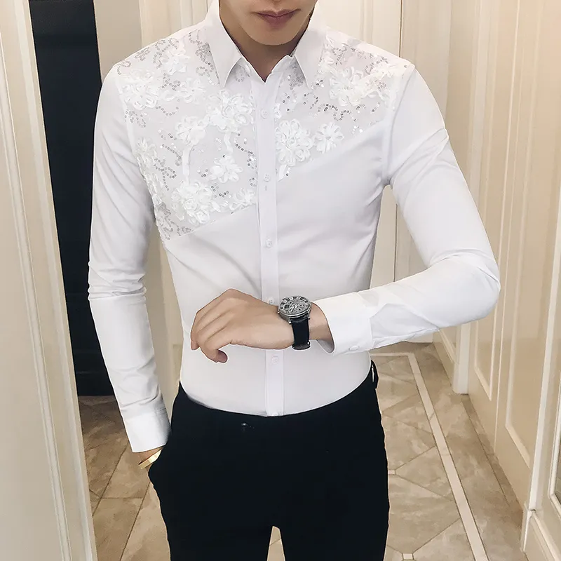 품질 섹시한 레이스 패치 워크 턱시도 가을 새로운 2018 슬림 피트 남자 셔츠 긴 소매 캐주얼 나이트 클럽 파티 드레스 셔츠 남자 3XL-M