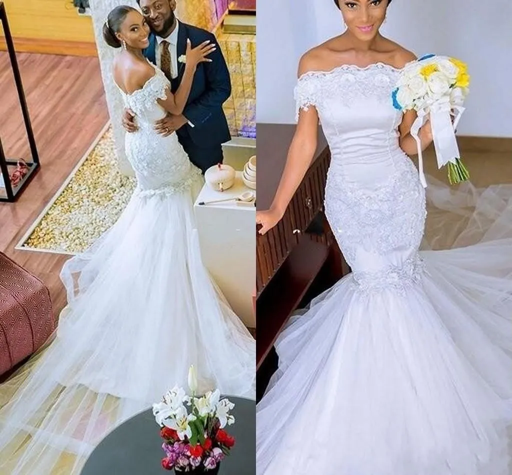 2018 Nouvelle Africaine Romantique Hors Épaule Sirène Robes De Mariée Sexy Dentelle Applique Perlé Fleurs Plus La Taille Robes De Mariée Tulle Tribunal Train