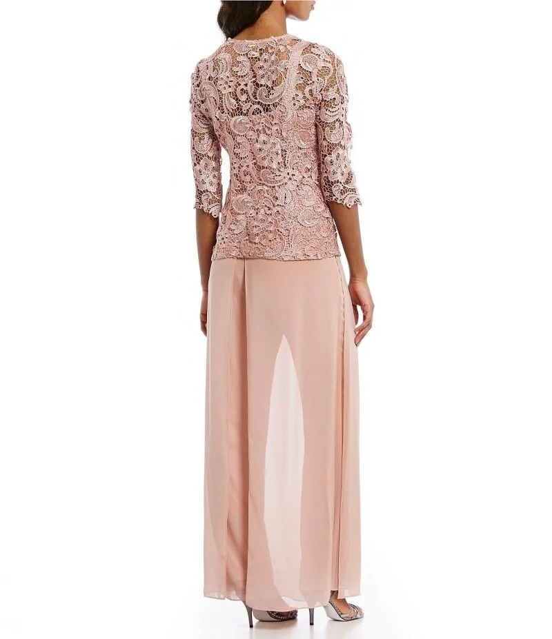 Goedkope roze moeder van de bruid pant pakken met jas chiffon kanten strand bruiloft gast moeders bruidegom jurk formeel outfit kledingstuk w277a