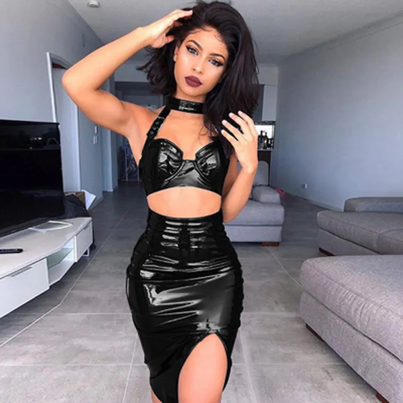 New Women PVC Party Clubwear 2 Piece Set Choker Buckle Straps Bra Top With Split Side Bodycon Skirt Bandage Sexy Skirt Sets