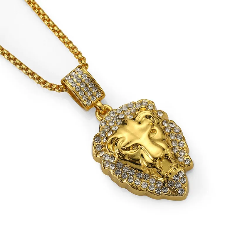 Fashion Men Lion Head Animal Pendant Necklace Crystal Design 75cm Long Chains Punk Rock Micro Hip Hop Jewelry Mens Necklaces