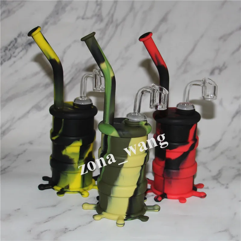 물 담뱃대 실리콘 배럴 의장 미니 실리콘 의장 Dab Jar Bongs Jar 물 파이프 4mm 석영 못을 가진 실리콘 오일 드럼 굴착기