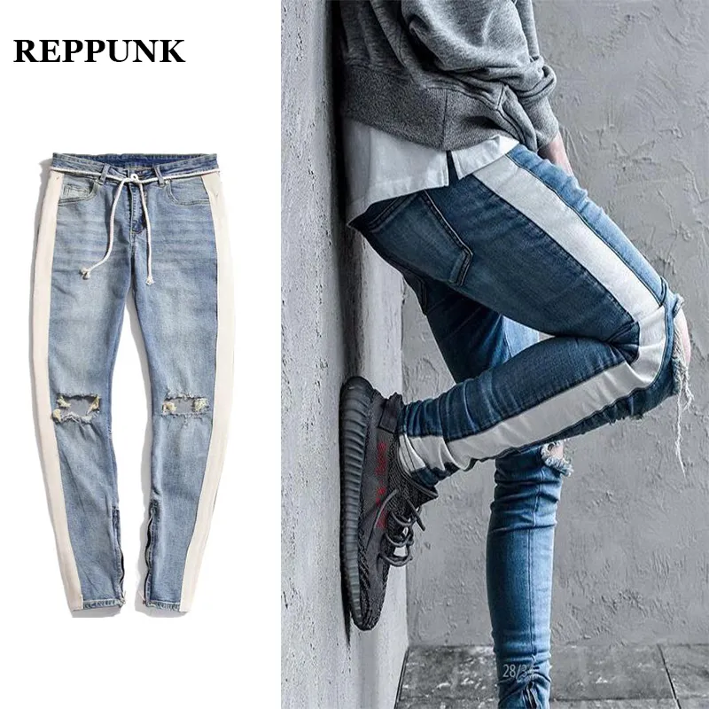 REPPUNK 2018 new Knee Hole Side Zipper Slim Distressed Jeans Uomo Strappato personalità streetwear hiphop pantaloni denim a righe maschili