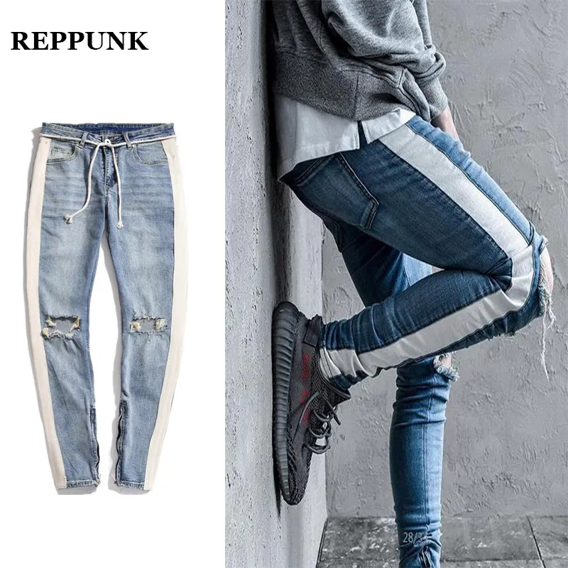 REPPUNK 2018 new Knee Hole Side Zipper Slim Distressed Jeans Men Ripped personality streetwear hiphop male stripe denim pants